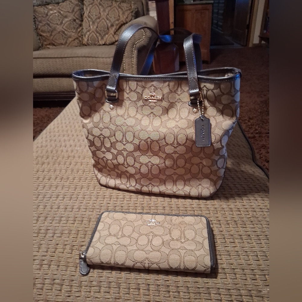 Coach Outlet Signature tan and brown bag with matching wallet